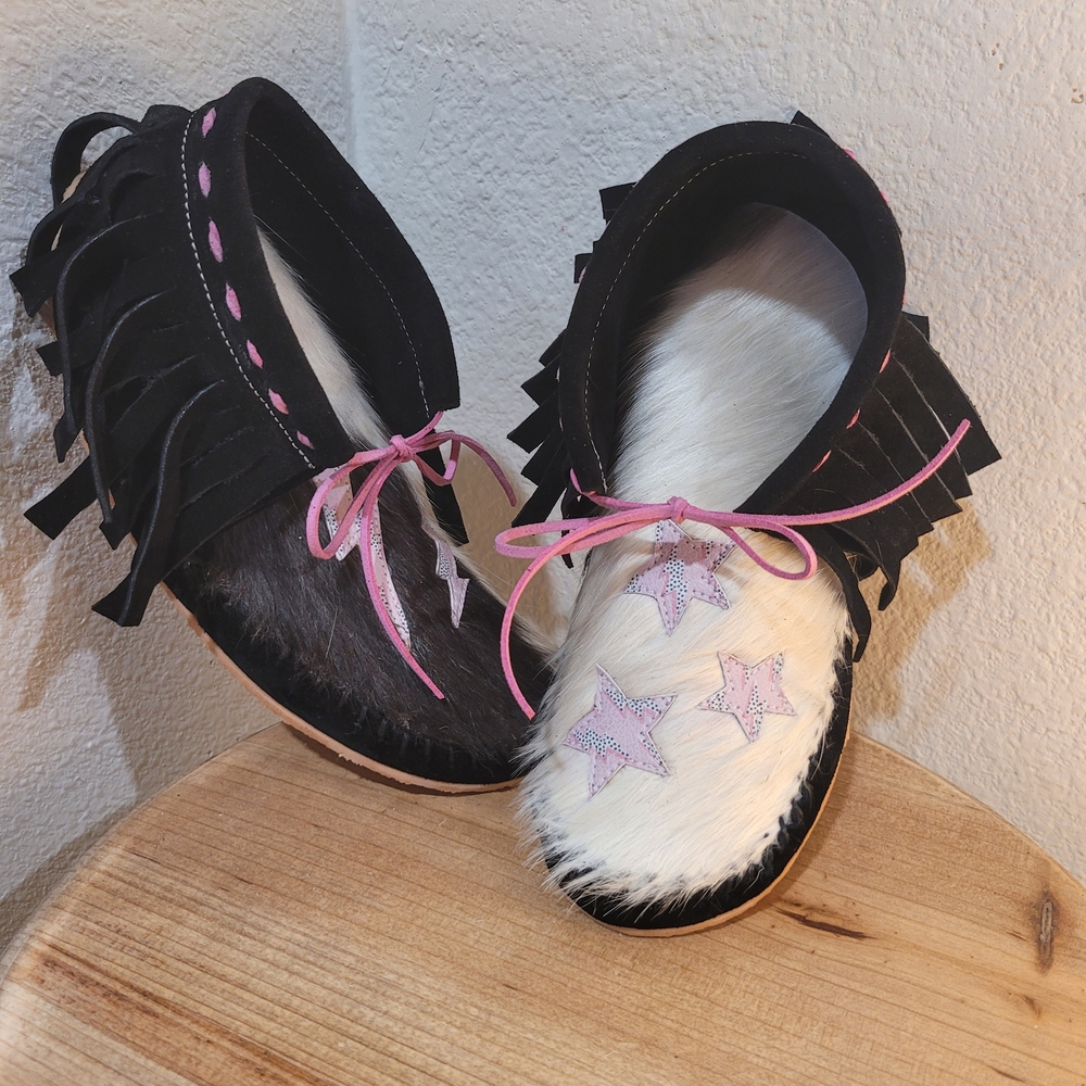 Black and White Cowhide Moccasins with Pink Accents - Picture 3 of 5